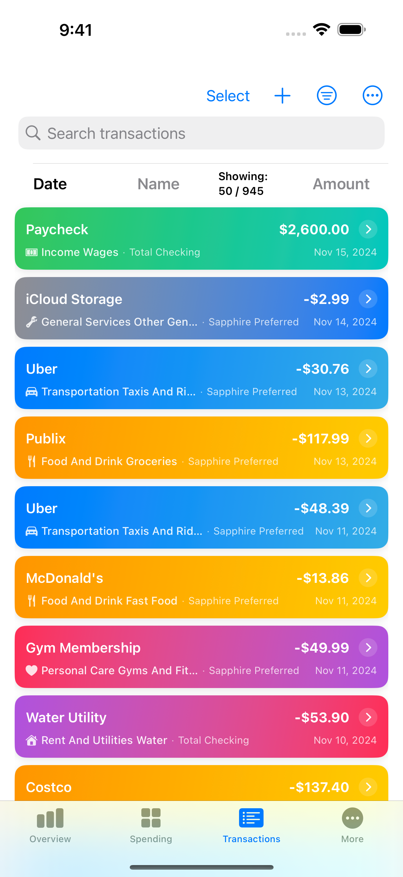 Transactions list with auto-categorized entries from connected banks